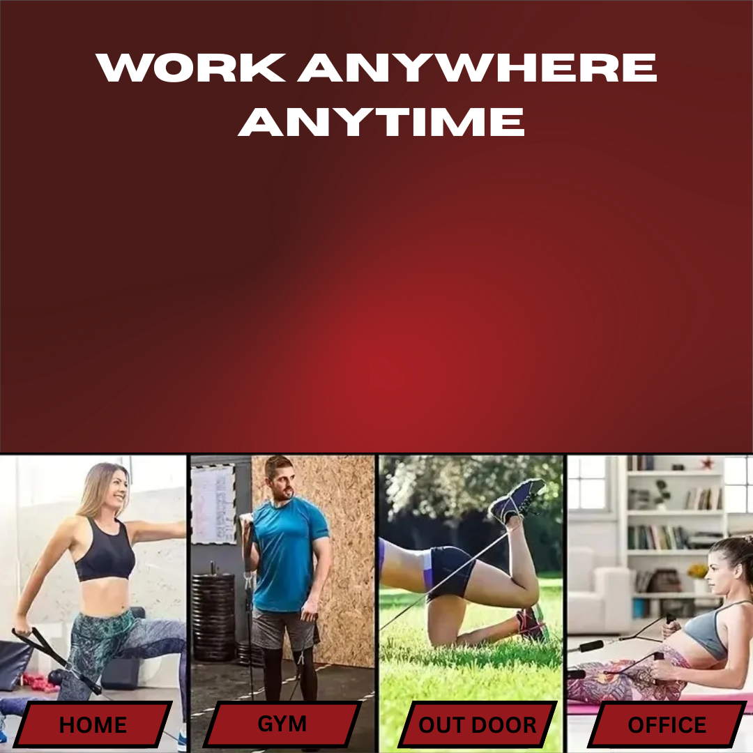 Promotional graphic for fitness equipment with text 'Work Anywhere Anytime' and images of people exercising in different settings.